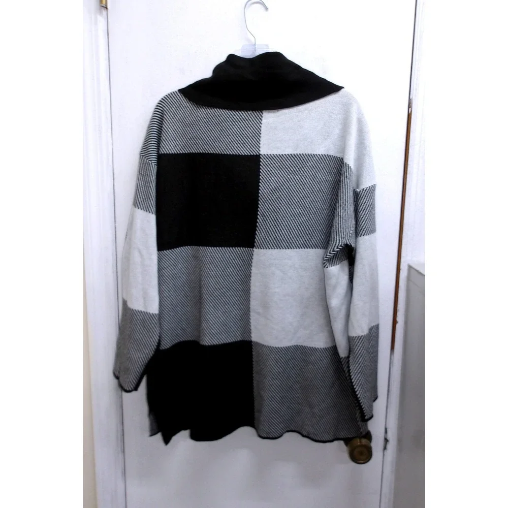 Calvin Klein Buffalo Plaid Cowl Neck Sweater Black White Long Sleeve L / #26843